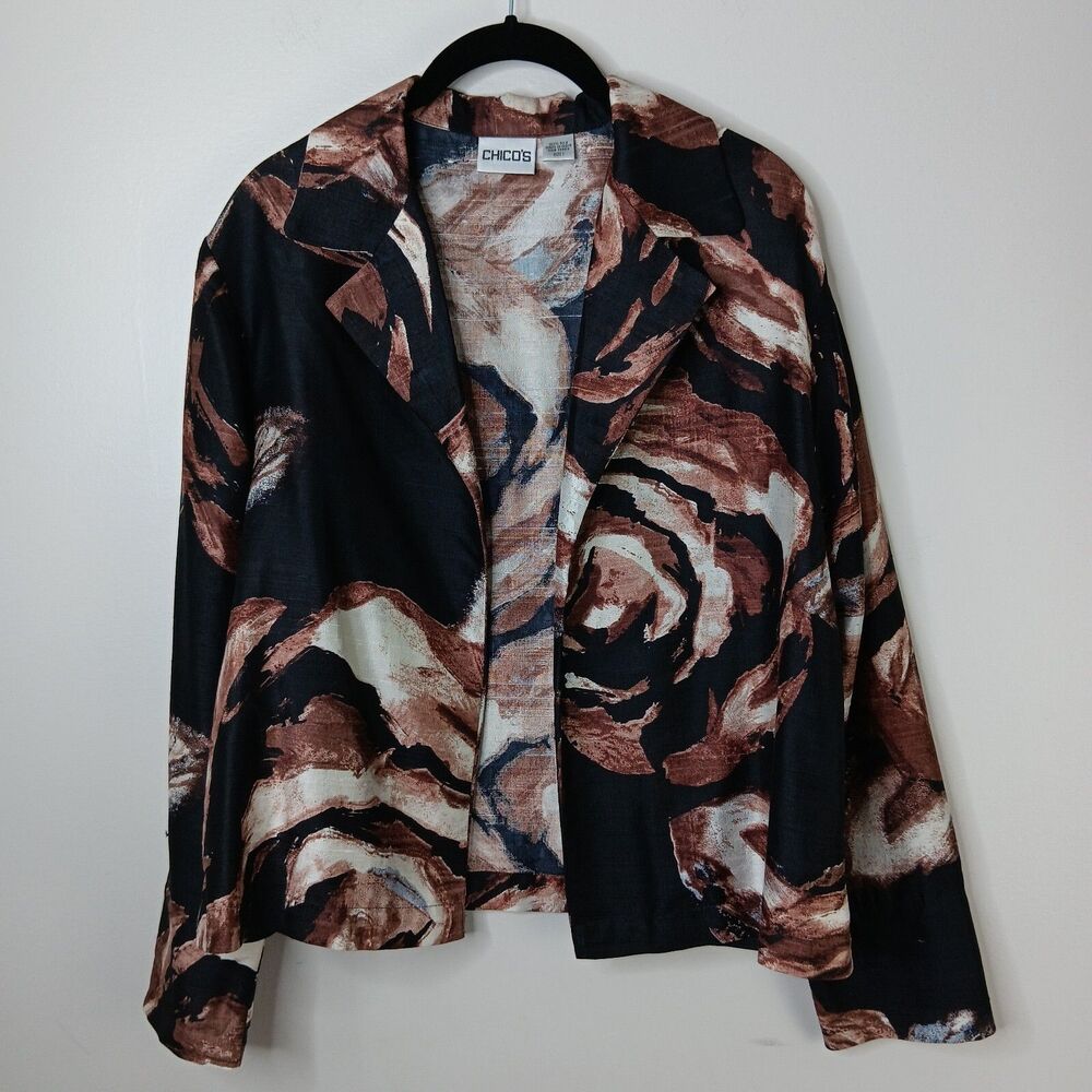 Chico's Silk Jacket Women's Size 1 Medium Floral Brown Open Artsy Career Office